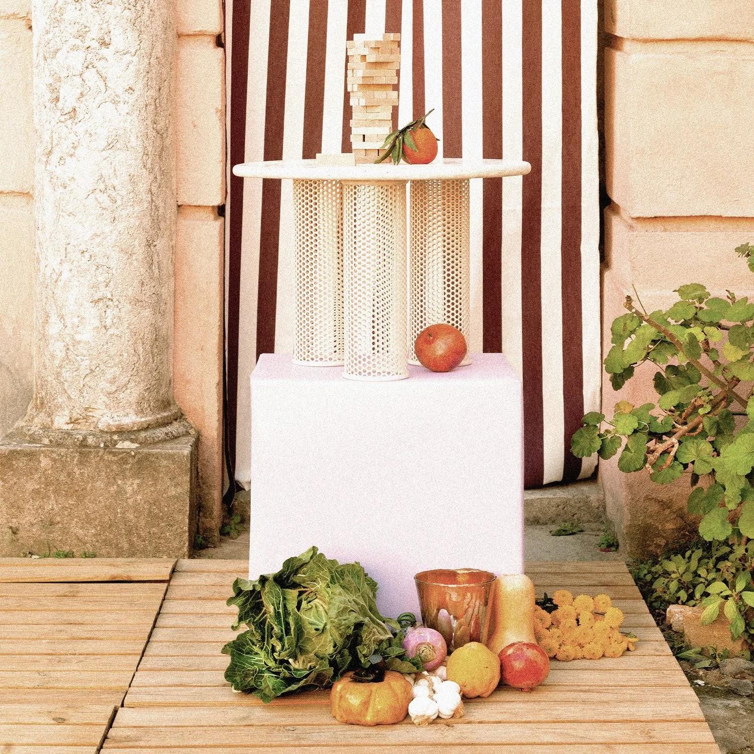 Lacquered Contemporary Outdoor Riviera Side table in lacquered Sage metal and Travertine For Sale