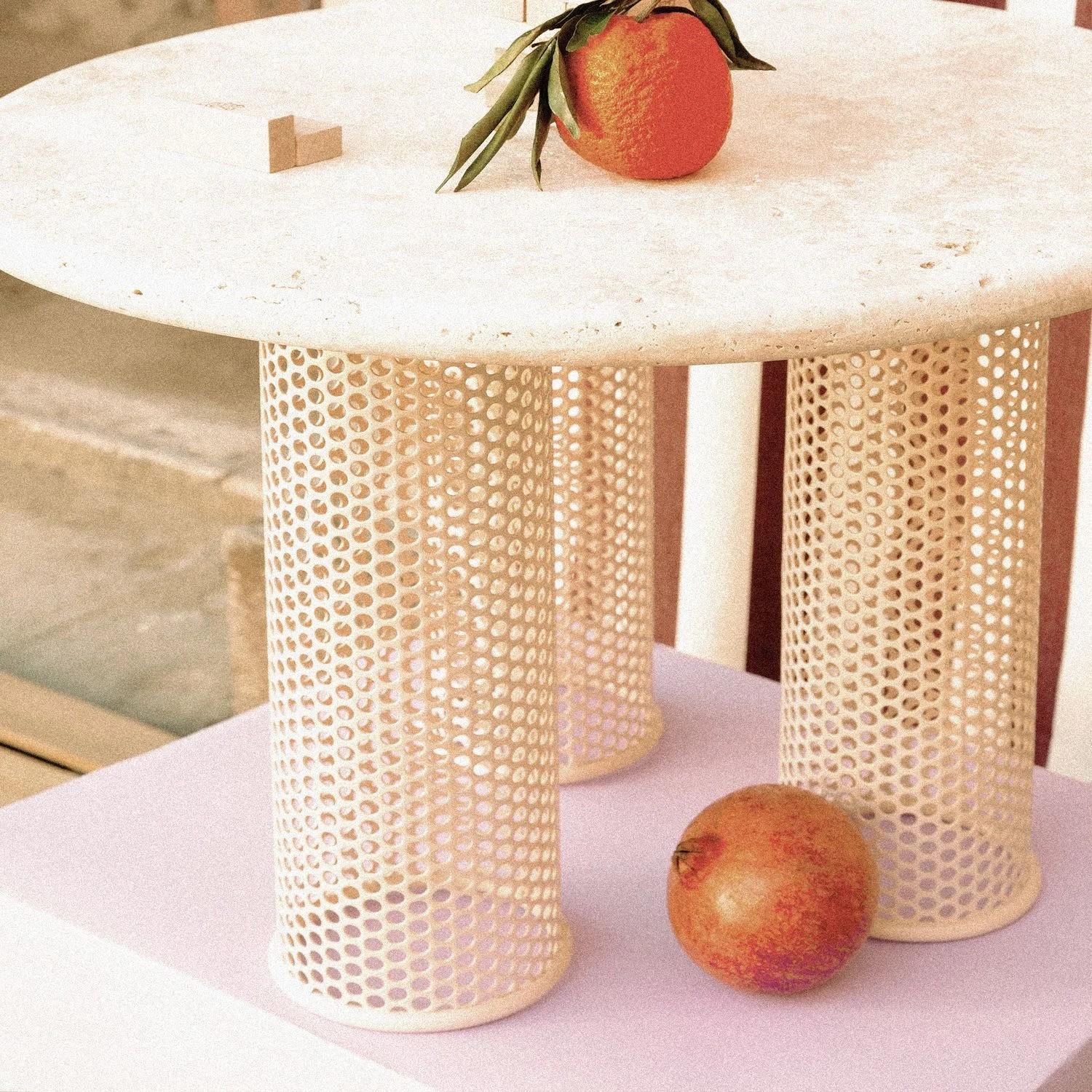 Contemporary Outdoor Riviera Side table in lacquered Sage metal and Travertine In New Condition For Sale In Lisbon, PT