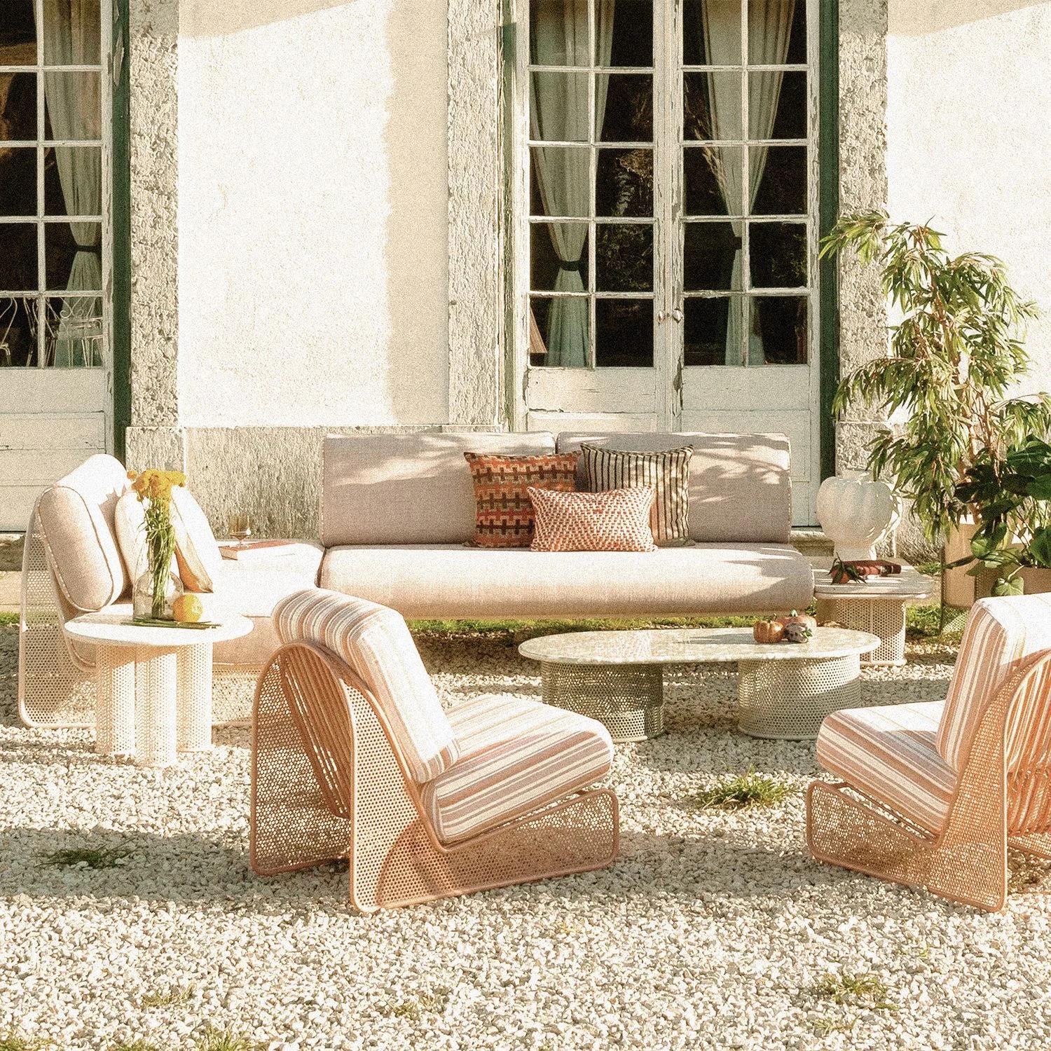 Metal Contemporary Outdoor Riviera Side table in lacquered Sage metal and Travertine For Sale