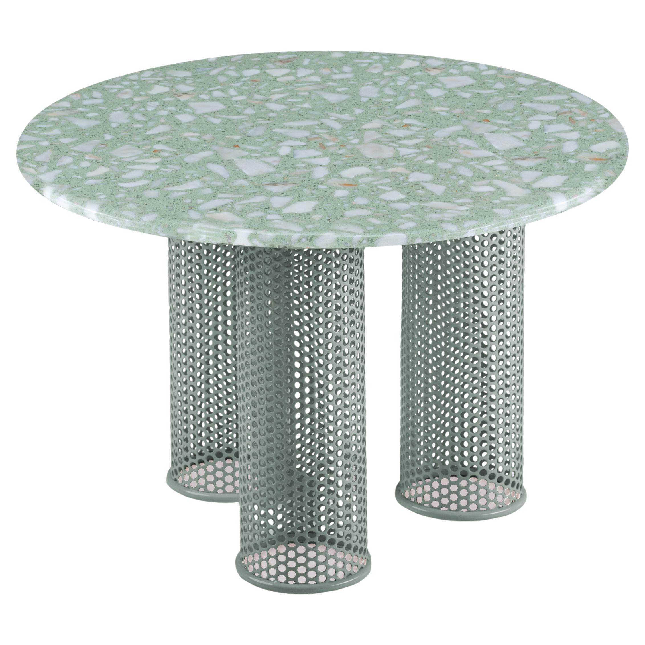Contemporary Outdoor Riviera Side table in lacquered Sage metal and Travertine For Sale