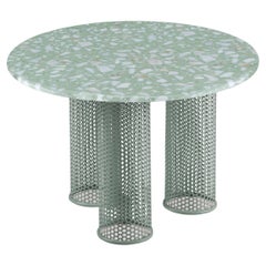 Contemporary Outdoor Riviera Side table in lacquered Sage metal and Travertine