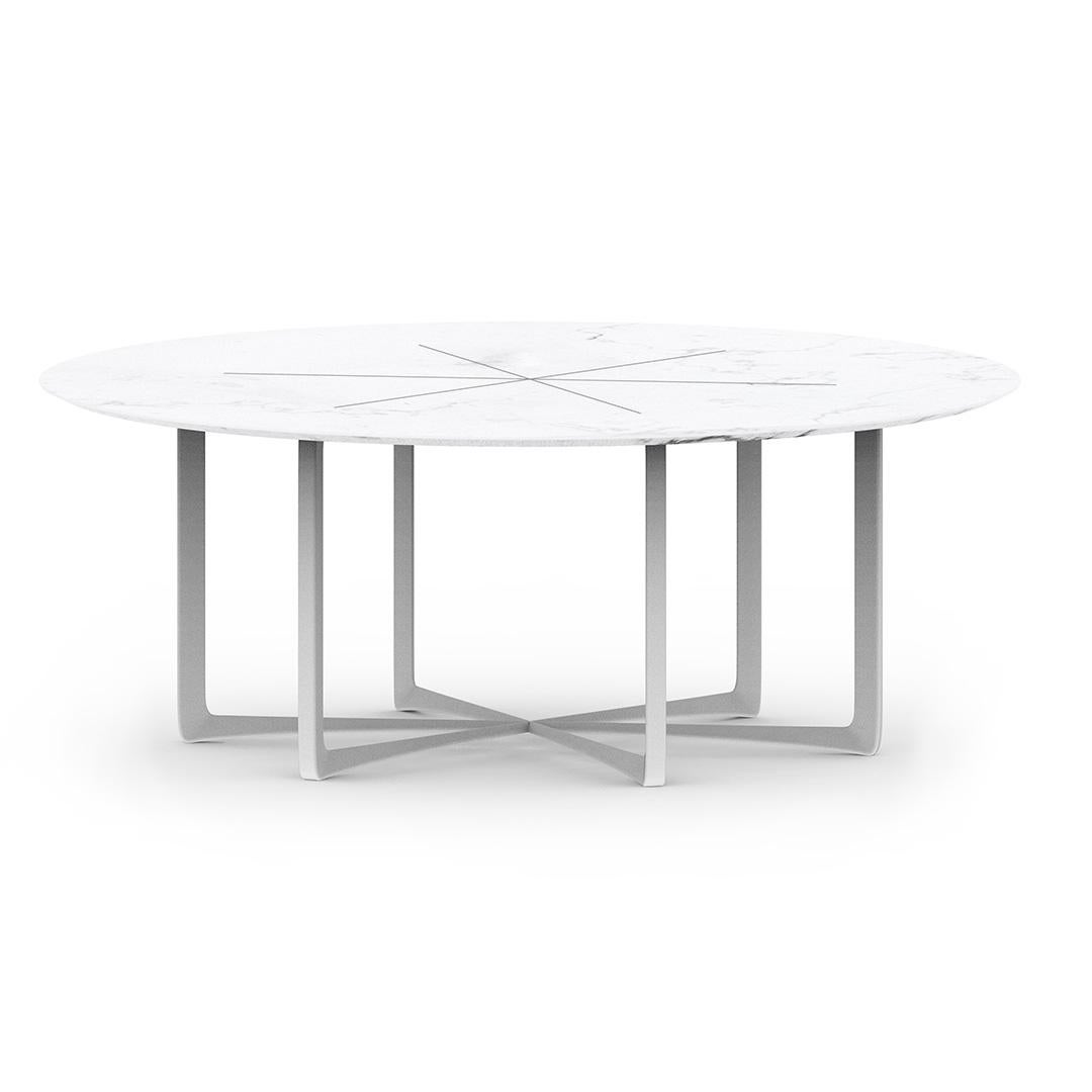 The whole design of this contemporary Nero Round Dining Table was developed according to the following structure:
-Top: Carrara Marble;
-Details: Polished stainless steel;
-Legs: White matte lacquered aluminum.

All Myface materials are from premium