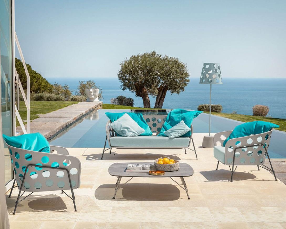 European Contemporary Outdoor Sofa With Lacquered Metal Structure & Backrest For Sale