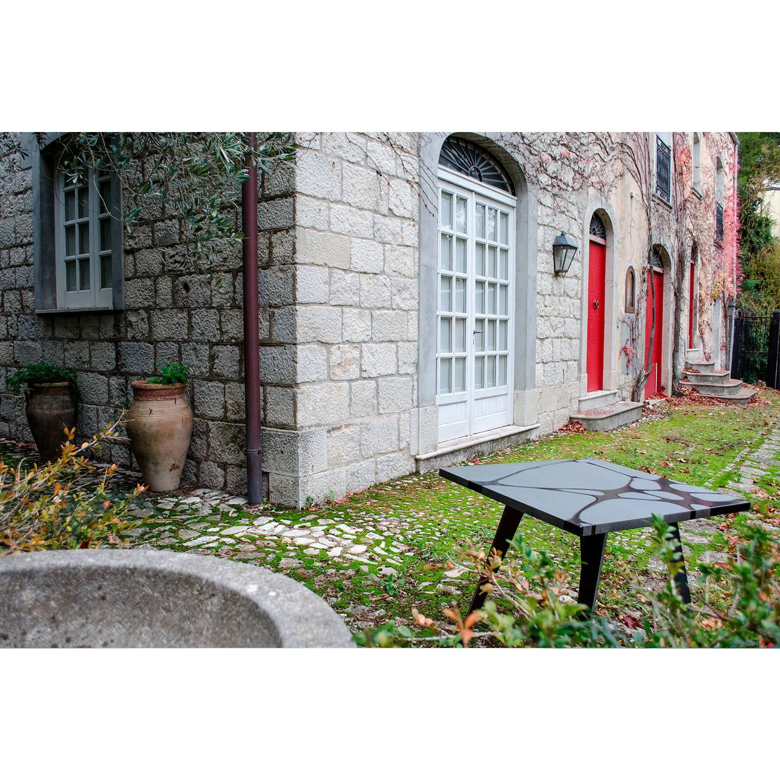 Metal Contemporary Outdoor Square Table in Lava Stone and Steel, Filodifumo For Sale