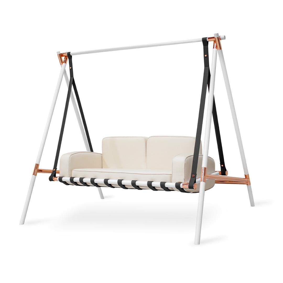 Fable  Outdoor swing sofa by Myface

21st-century contemporary outdoor swing sofa made with suspension: Outdoor leather straps, Metallic, Structure: white lacquered stainless steel, Upholstery: Acrylic fabric, Metallic Details: copper plated 

Hold