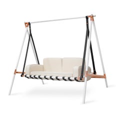 Modern Outdoor Swing Sofa with Beige Upholstery White Structure and Copper Deta