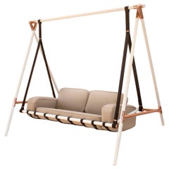 Sofá Columpio Moderno de Exterior con Tapicería Beige Estructura Blanca y Deta Cobre