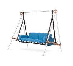 White Stainless Steel Outdoor Swing with Blue Waterproof Fabric