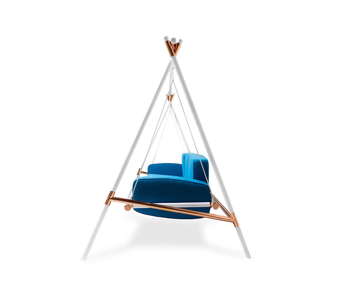 Schaukelsofa mit Edelstahlrahmen und wasserfesten blauen Acrylsitzen (Moderne) im Angebot