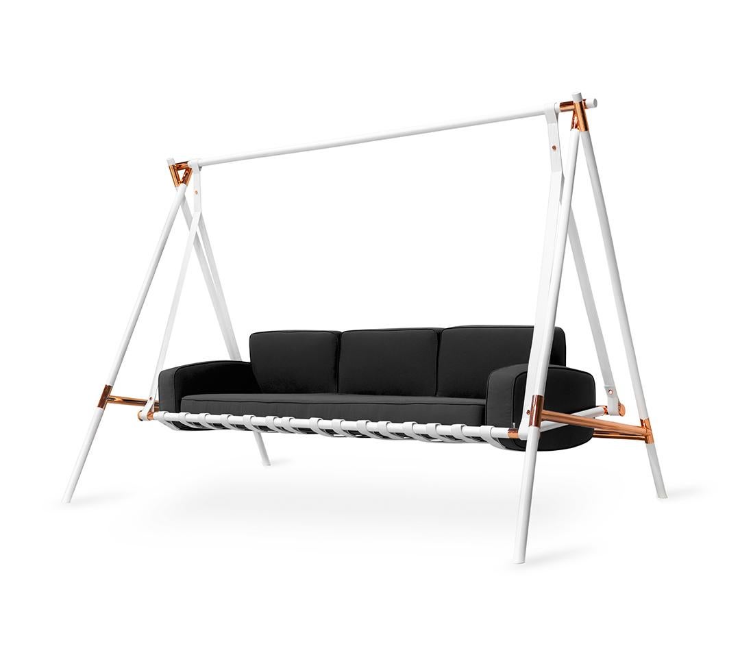 Modernes Swing-Sofa für den Außenbereich mit 3 Sitzen aus Edelstahl, Acryl und wasserdichtem blauem Stoff im Angebot 1
