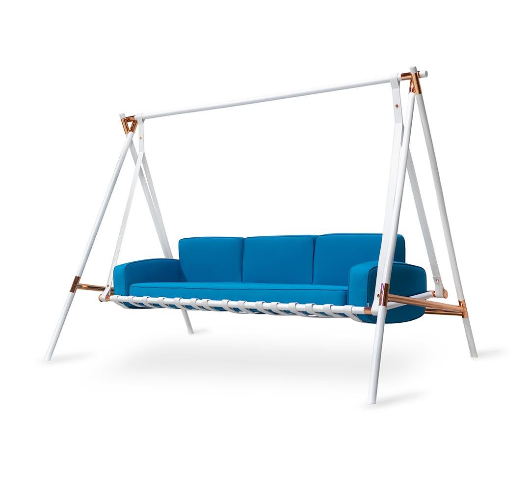Modernes Swing-Sofa für den Außenbereich mit 3 Sitzen aus Edelstahl, Acryl und wasserdichtem blauem Stoff im Angebot