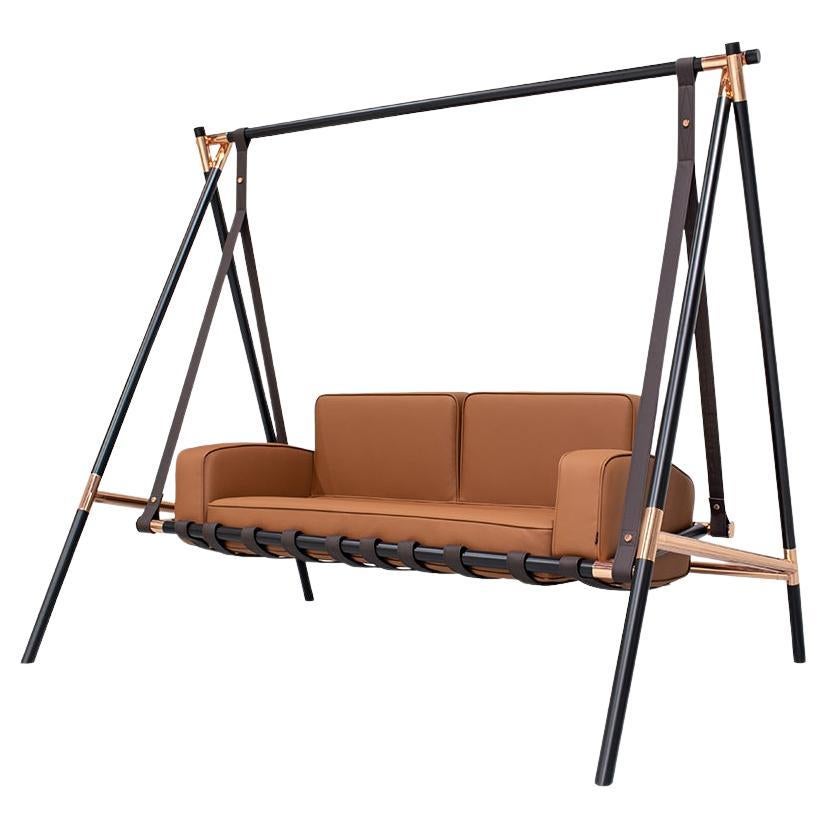 Modern Outdoor Swing Sofa featuring Stainless Steel Frame and Waterproof Leather For Sale