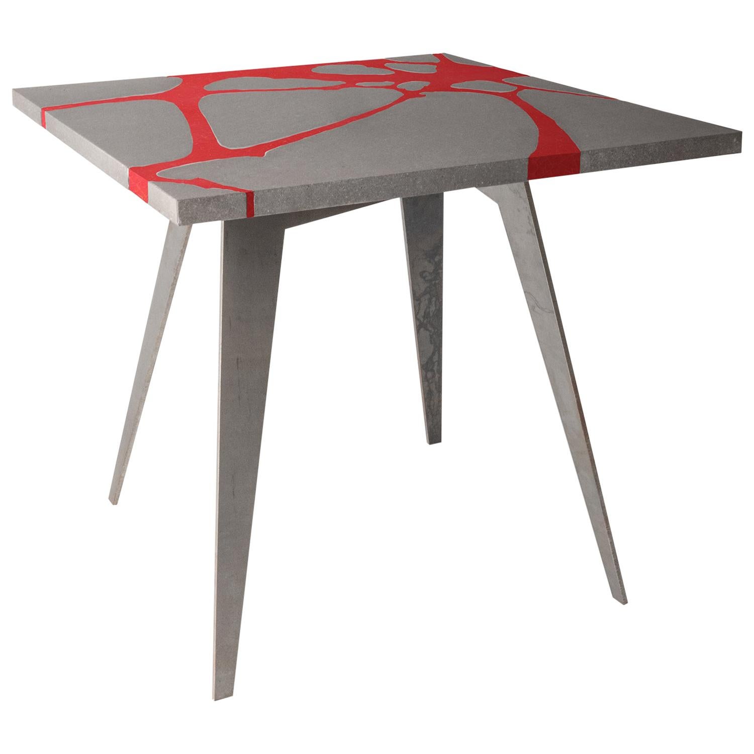Contemporary Outdoor Table in Lava Stone, Venturae V2, Filodifumo, Red Inlay For Sale