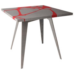 Contemporary Outdoor Table in Lava Stone, Venturae V2, Filodifumo, Red Inlay