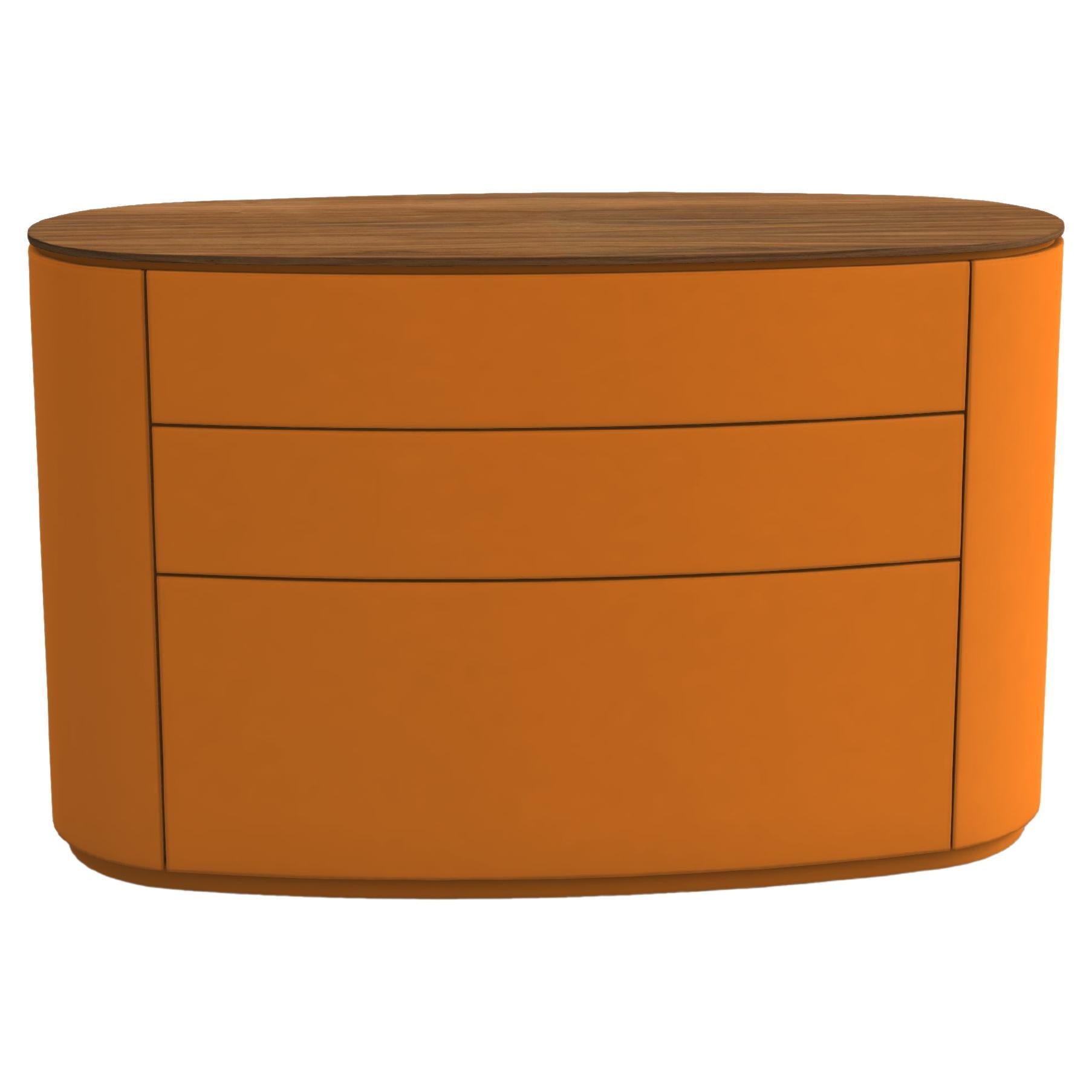 Modern Contemporary Oval Chest of Drawers In Mustard Yellow Lacquer & Solid Walnut For Sale