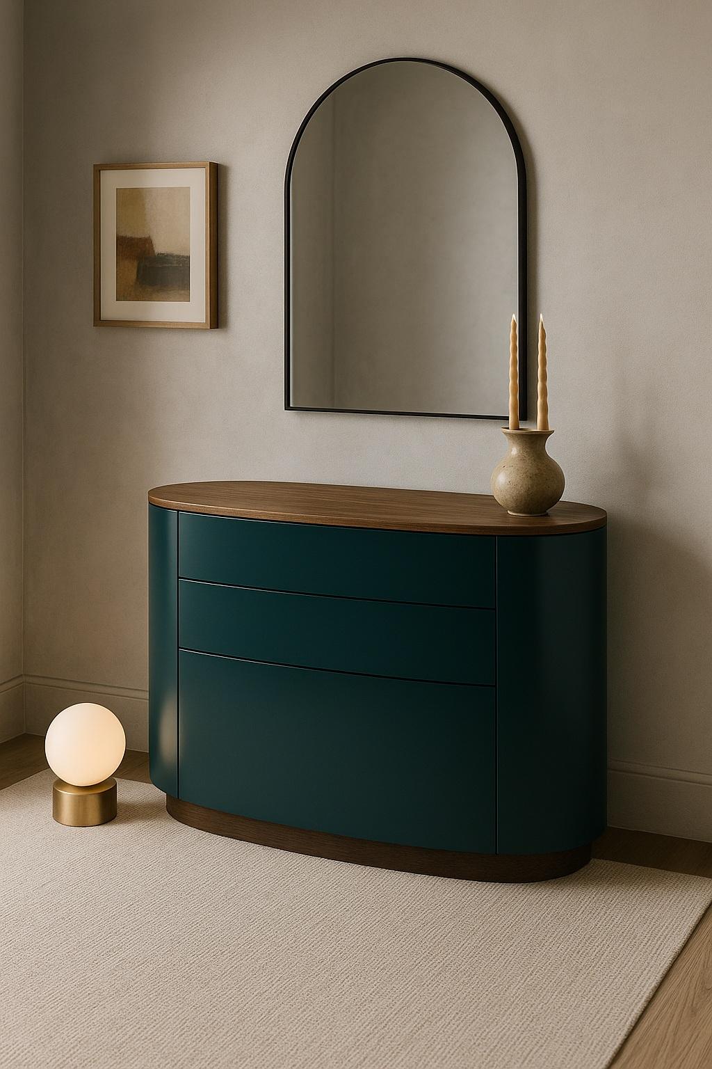 Contemporary Oval Chest of Drawers In Mustard Yellow Lacquer & Solid Walnut In New Condition For Sale In NEW YORK, NY