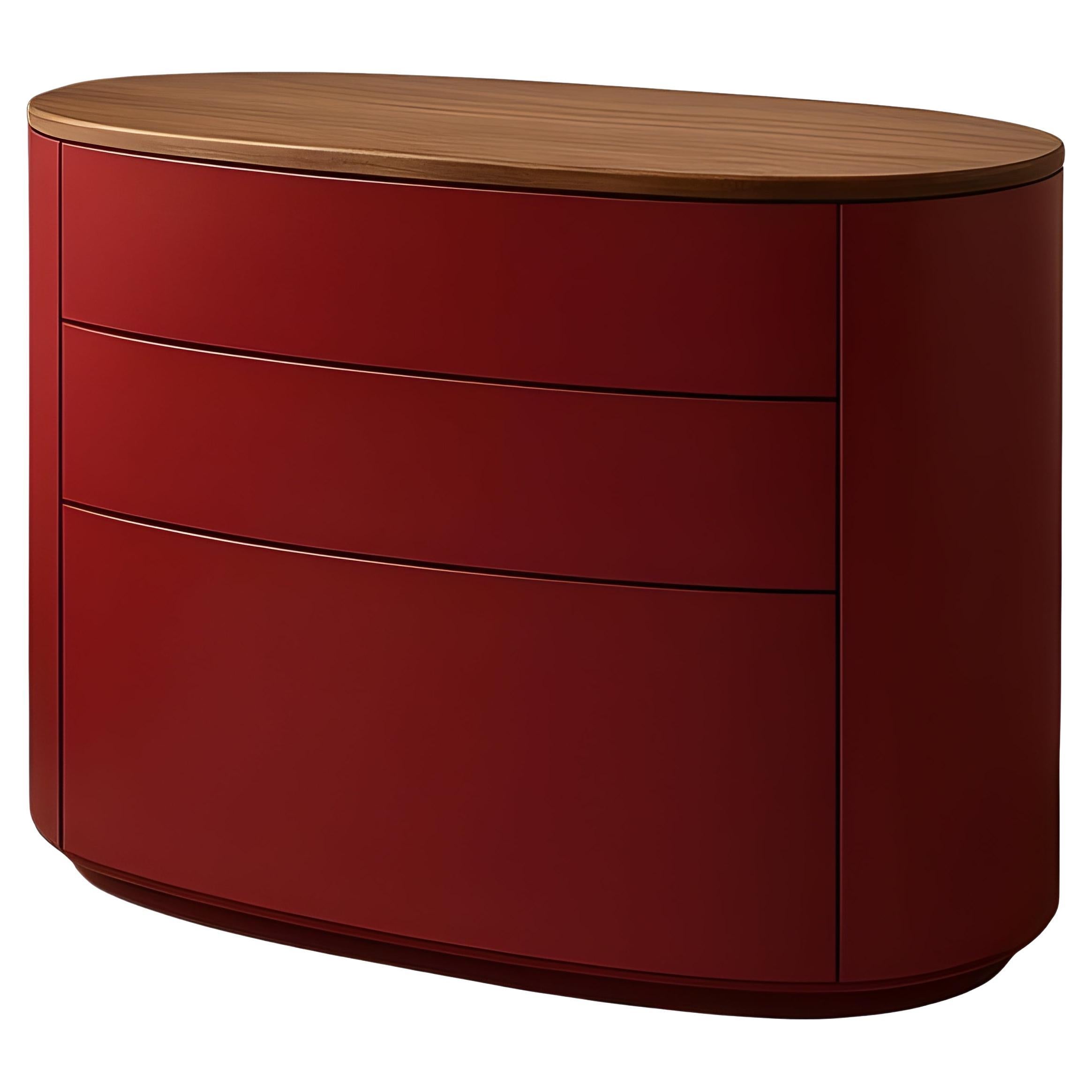 Cassettiera ovale contemporanea in lacca rossa e noce massiccio