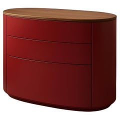 Cassettiera ovale contemporanea in lacca rossa e noce massiccio