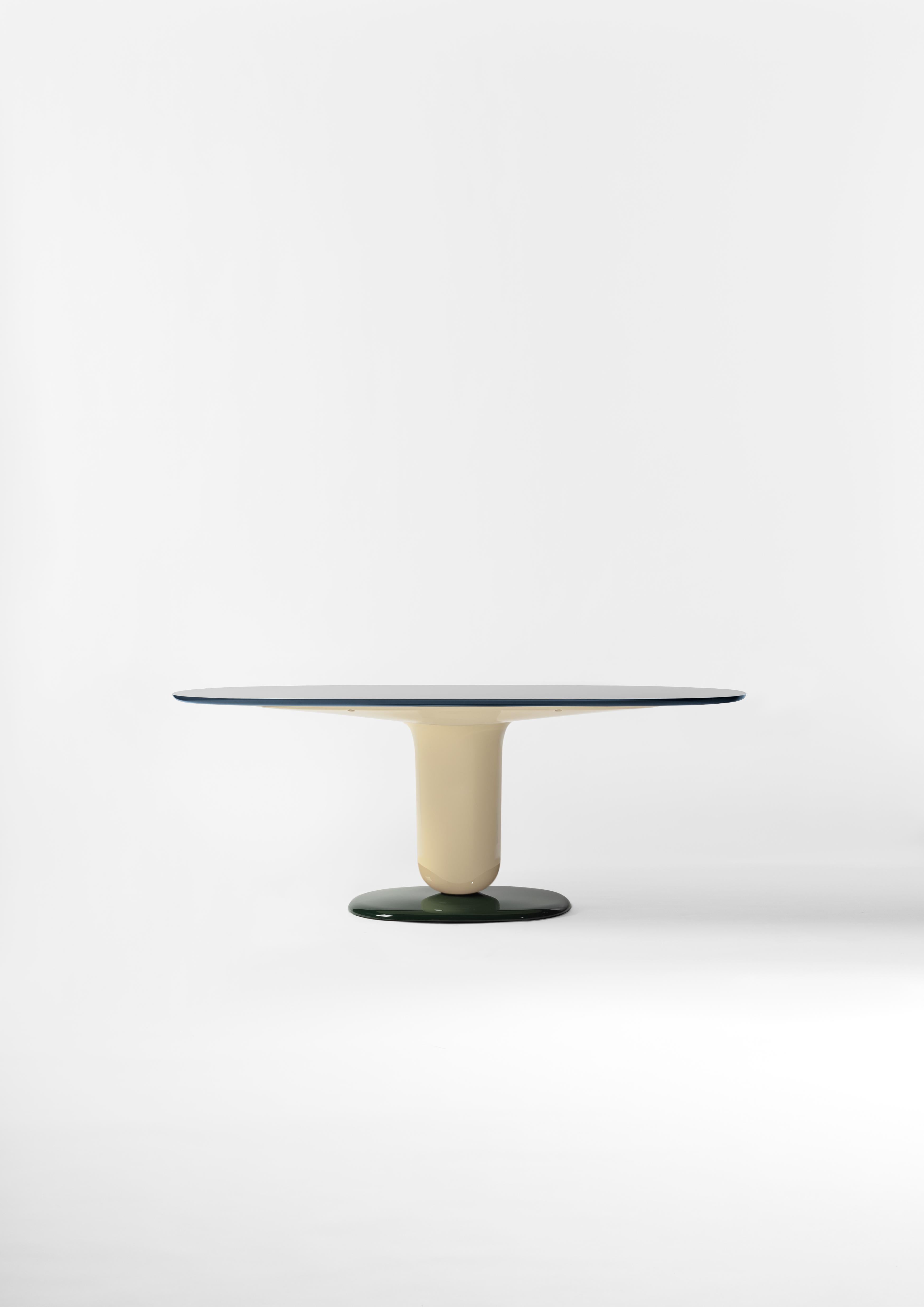 Fiberglass Contemporary oval dining table ivory, dark green gloss lacquered fibre glass   For Sale