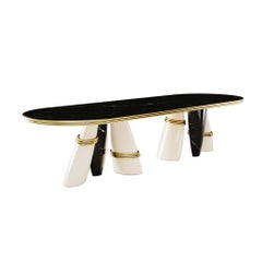 Contemporary Oval Dining Table in Nero Marquina, White Lacquer & Brass Details