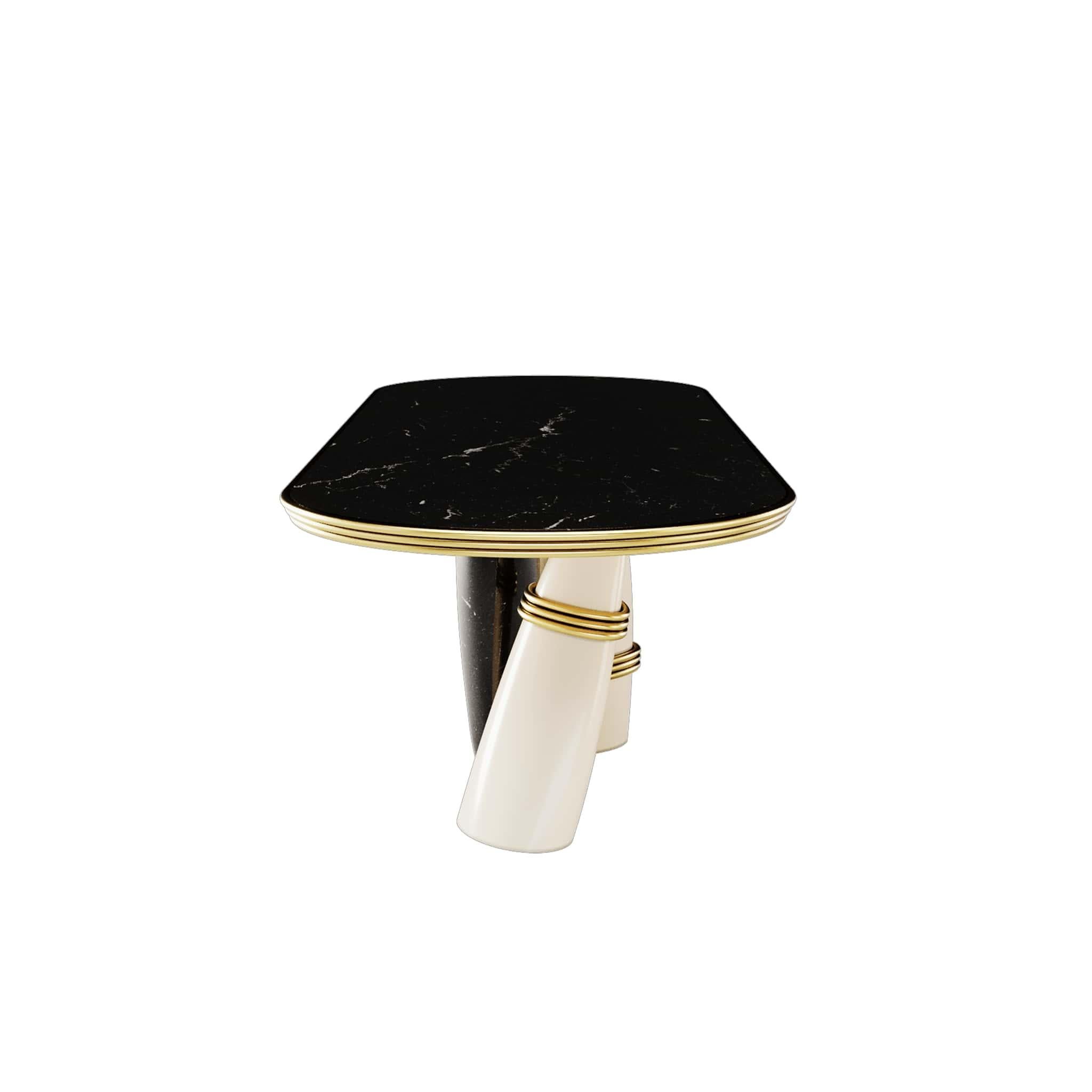 Zeitgenössischer ovaler Esstisch aus Nero Marquina, weißer Lack und Messingdetails (Moderne) im Angebot