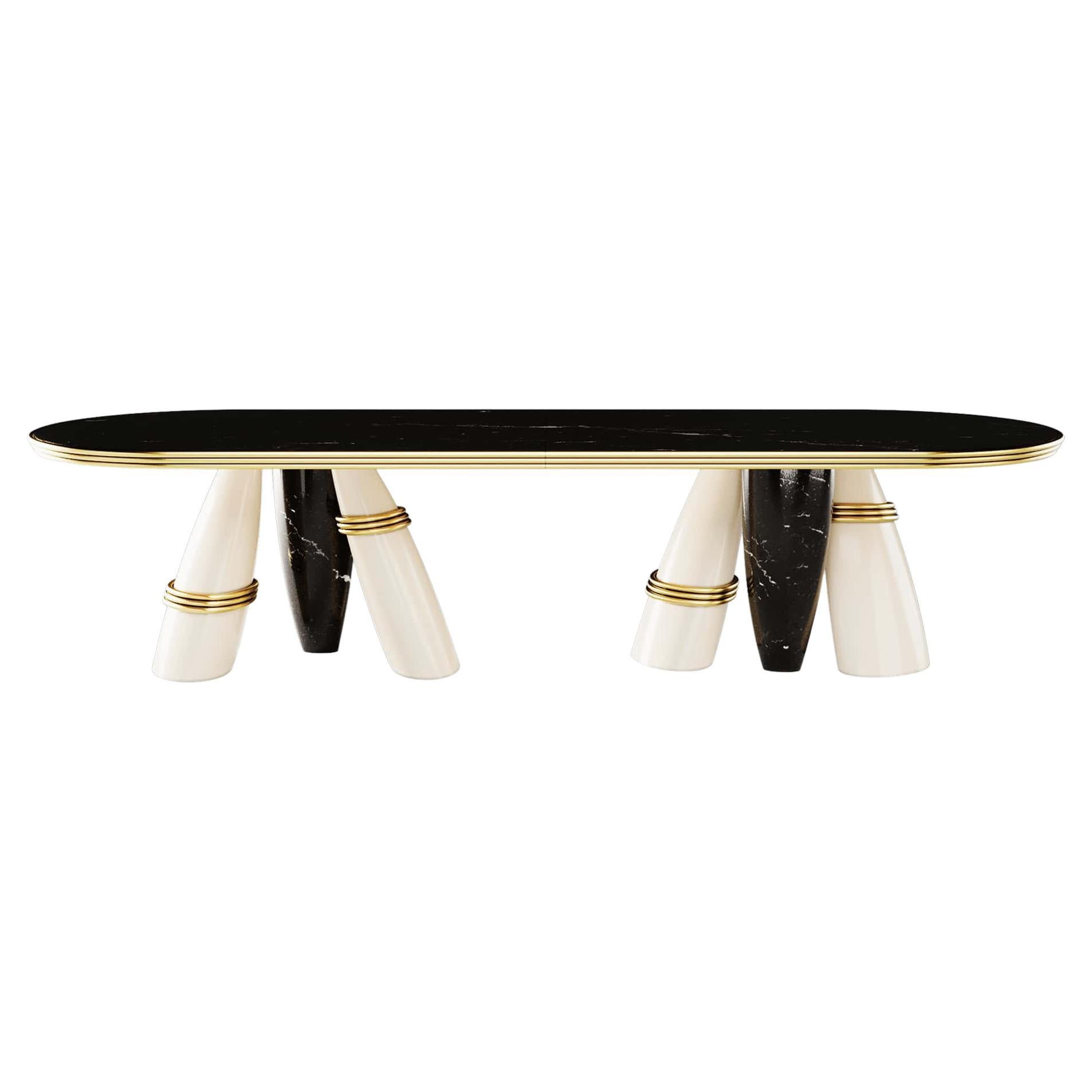 Contemporary Oval Dining Table in Nero Marquina, Ivory Lacquer & Brass Details