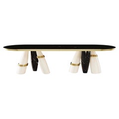 Contemporary Oval Dining Table in Nero Marquina, White Lacquer & Brass Details