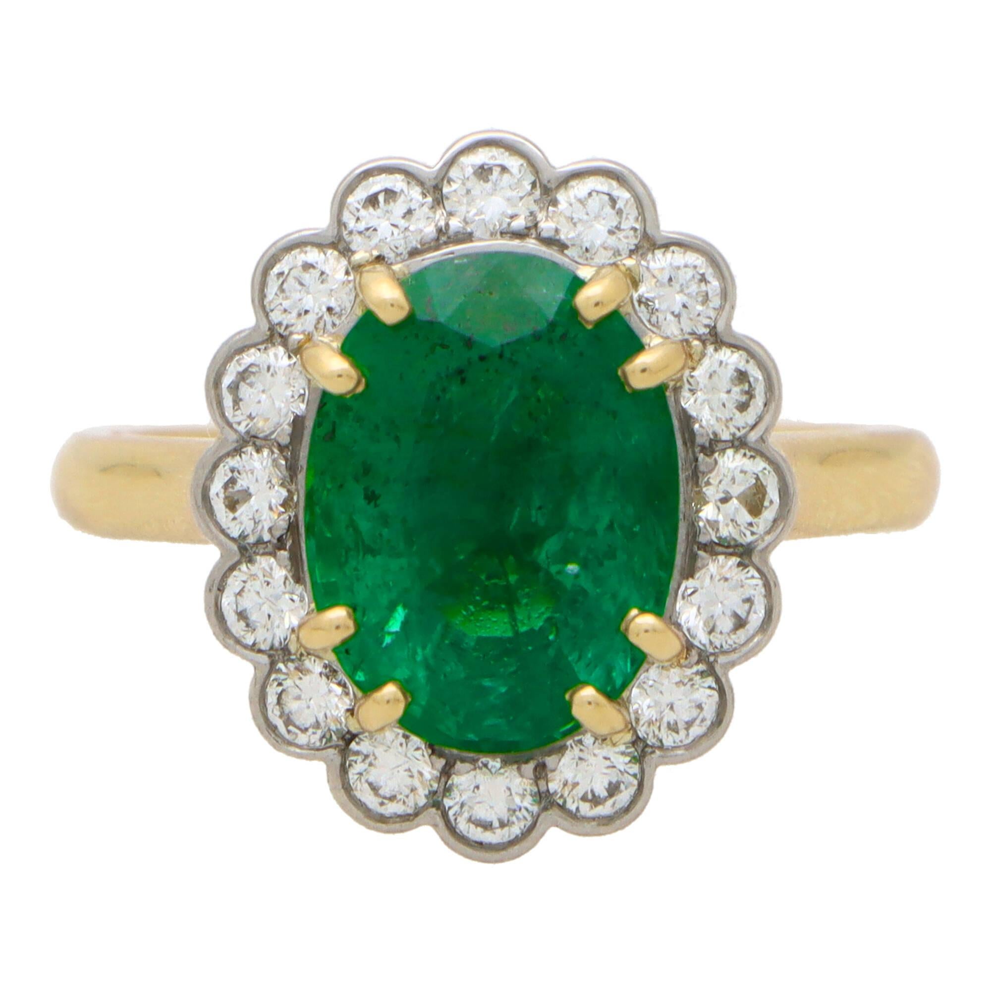 Oval Cut  Contemporary Oval Emerald and Diamond Cluster Ring in Yellow Gold and Platinum For Sale
