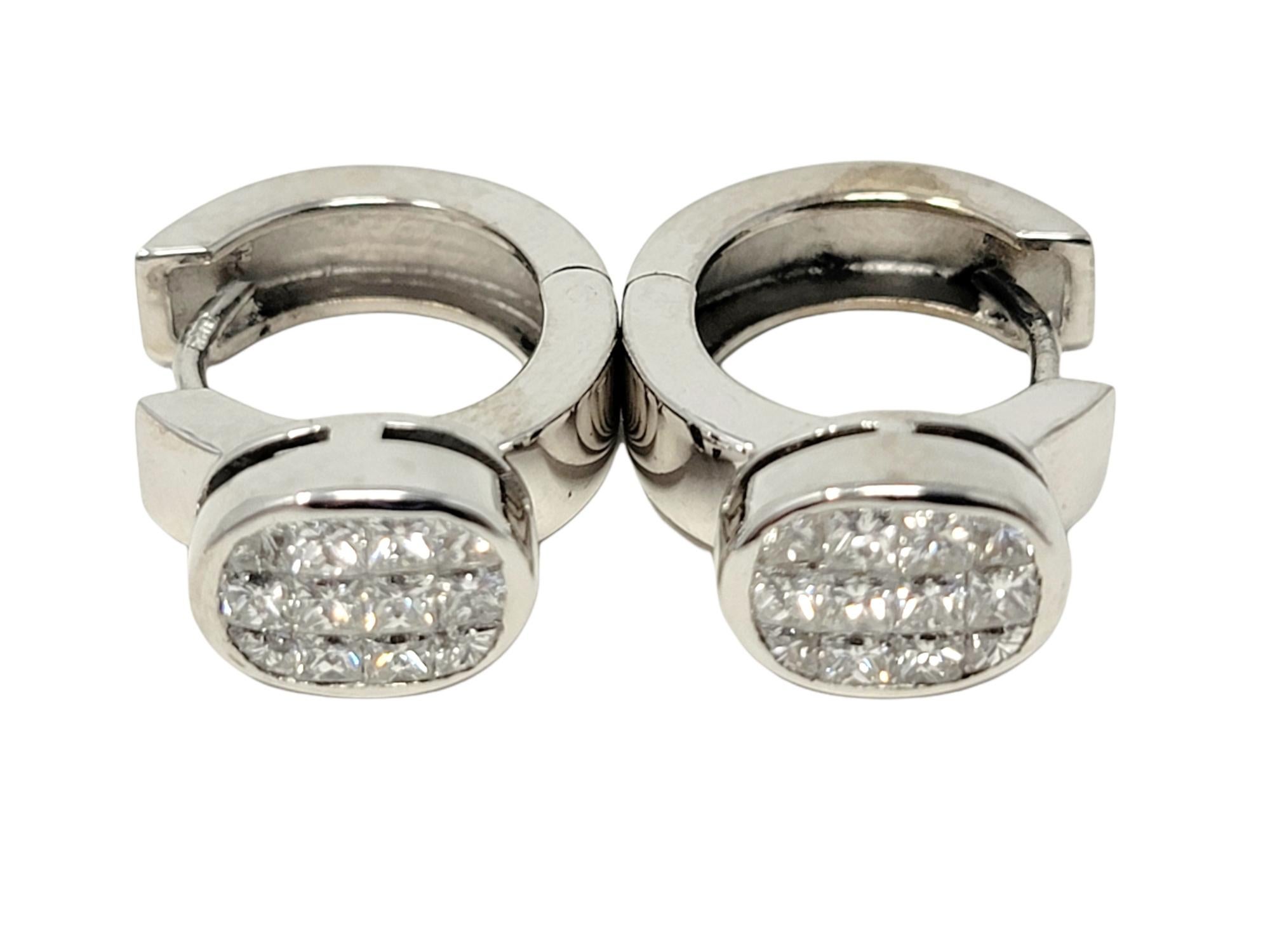 Round Cut Contemporary Oval F / VS Diamond Huggie Hoop Earrings in 14 Karat White Gold For Sale