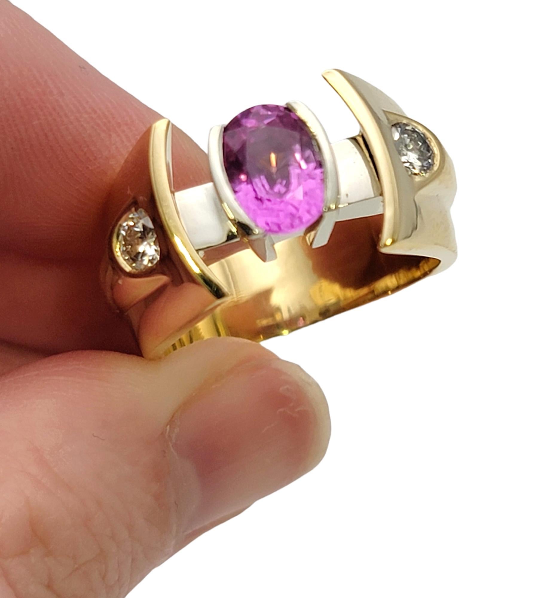 Contemporary Oval Pink Sapphire and Diamond Yellow Gold Custom Statement Ring  For Sale 6