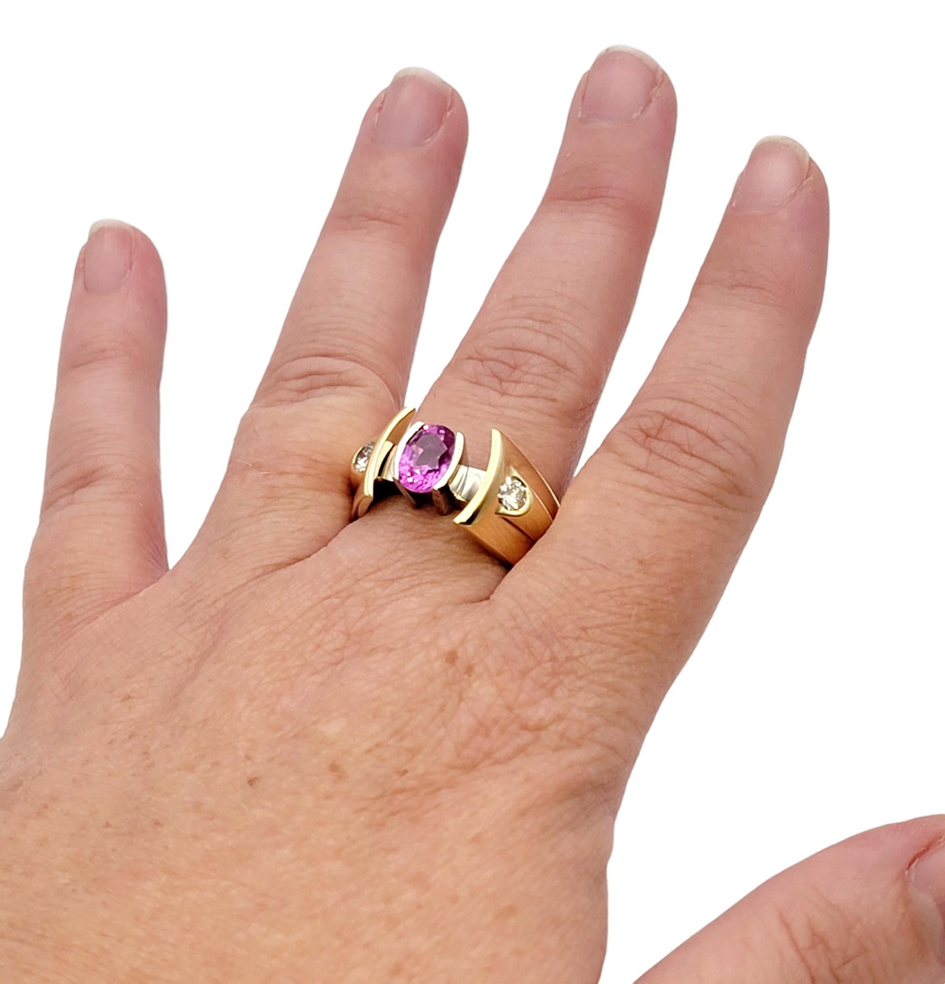 Contemporary Oval Pink Sapphire and Diamond Yellow Gold Custom Statement Ring  For Sale 8