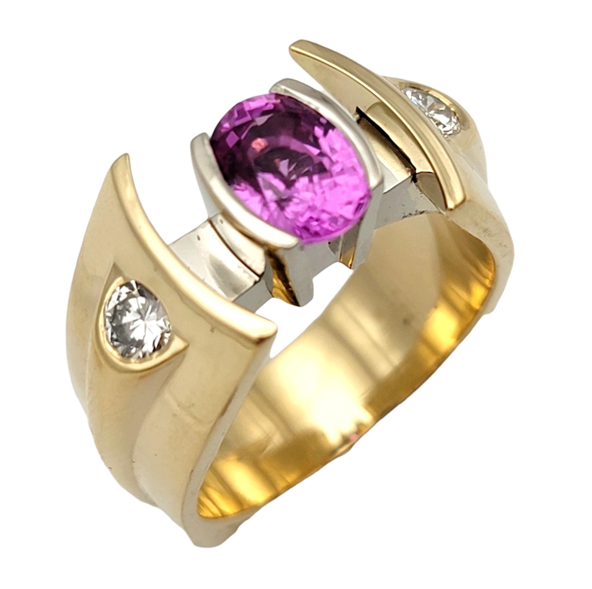 Oval Cut Contemporary Oval Pink Sapphire and Diamond Yellow Gold Custom Statement Ring  For Sale