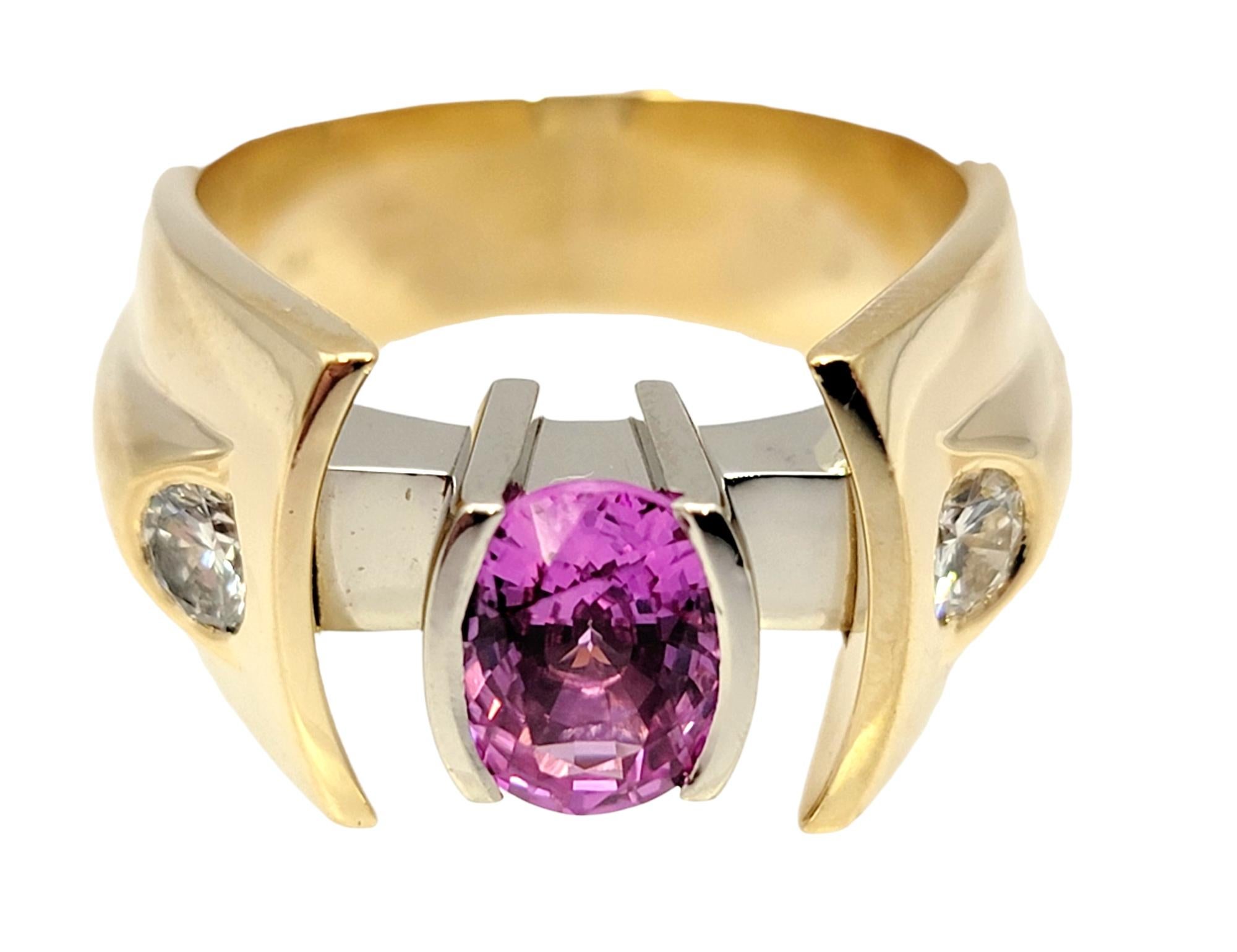 Contemporary Oval Pink Sapphire and Diamond Yellow Gold Custom Statement Ring  In Good Condition For Sale In Scottsdale, AZ