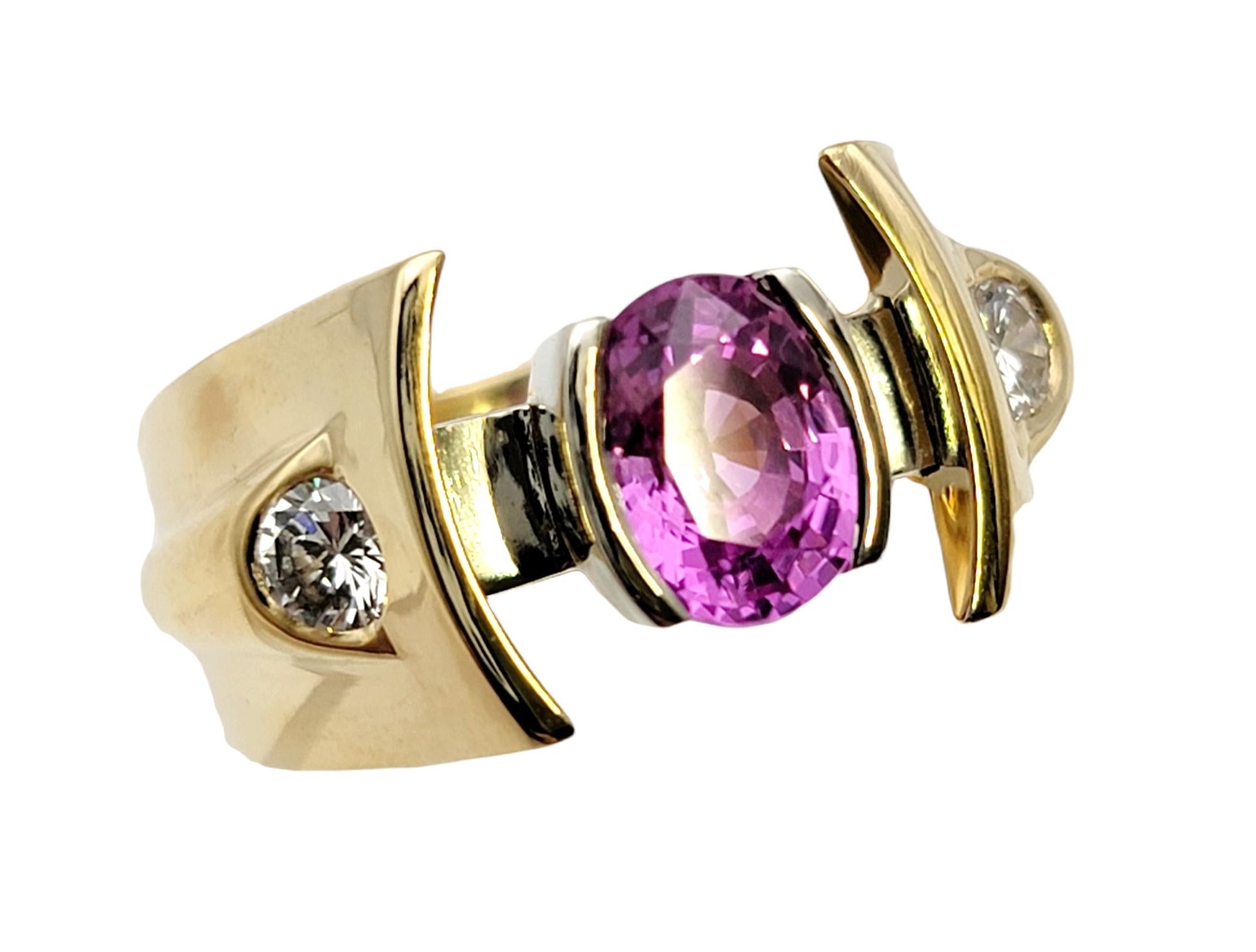 Women's or Men's Contemporary Oval Pink Sapphire and Diamond Yellow Gold Custom Statement Ring  For Sale