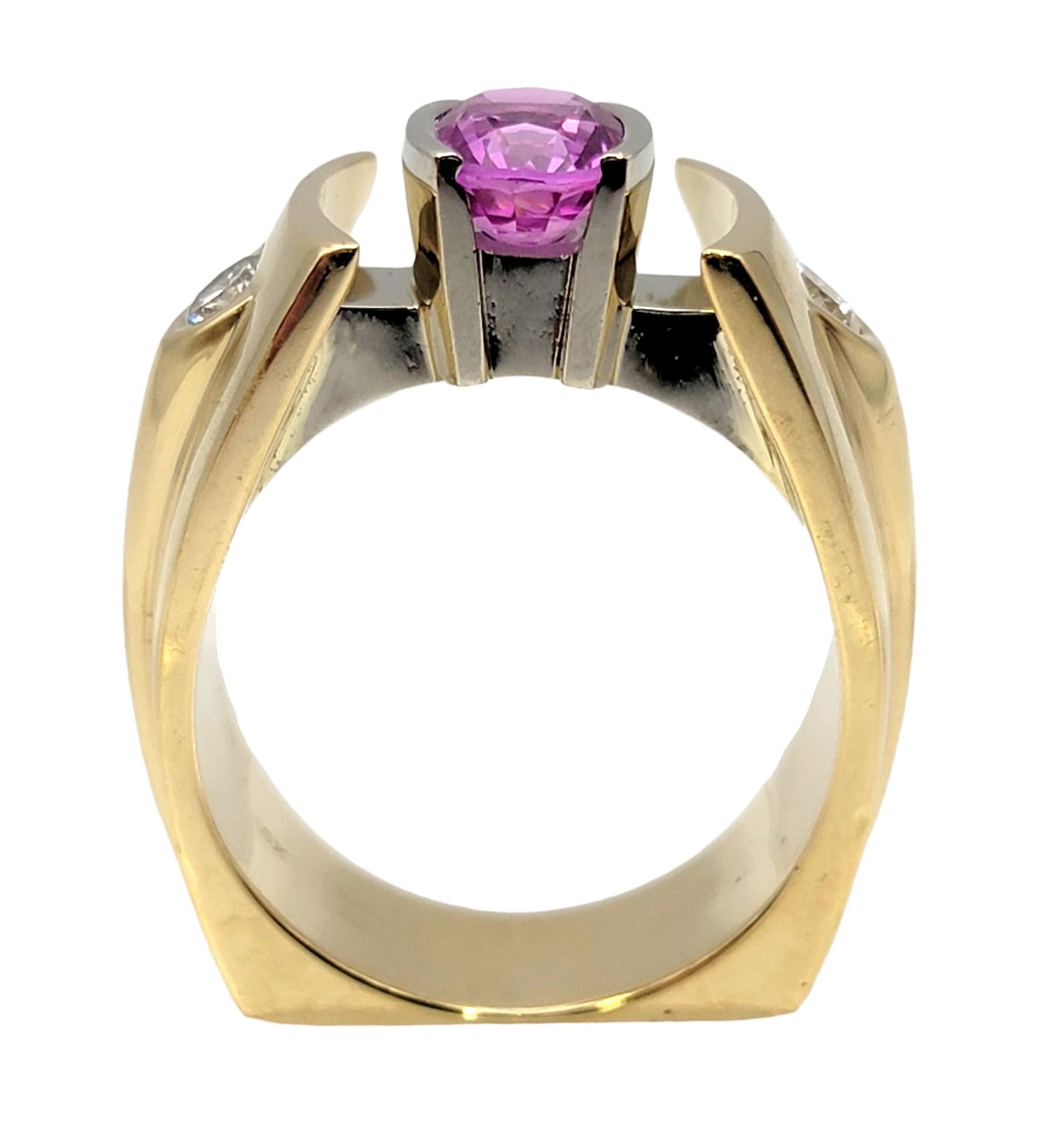 Contemporary Oval Pink Sapphire and Diamond Yellow Gold Custom Statement Ring  For Sale 1