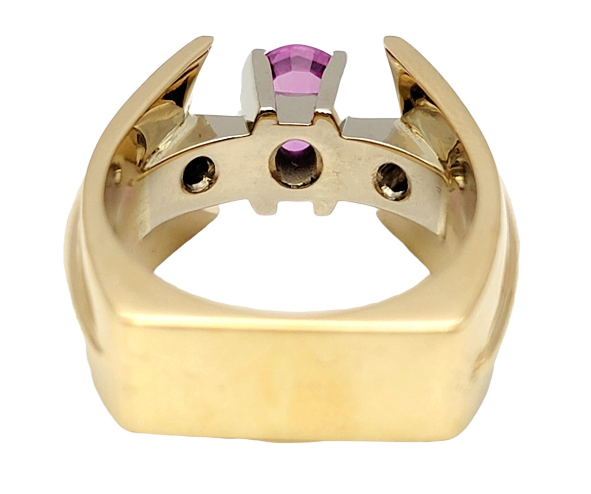 Contemporary Oval Pink Sapphire and Diamond Yellow Gold Custom Statement Ring  For Sale 4
