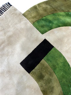 Contemporary Oval Rug with Geometric Pattern in Green Hues and Beige in Wool