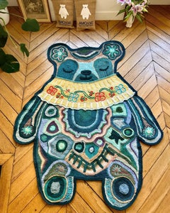 Contemporary Oval Rug with Geometric Pattern in Green Hues and Beige in Wool