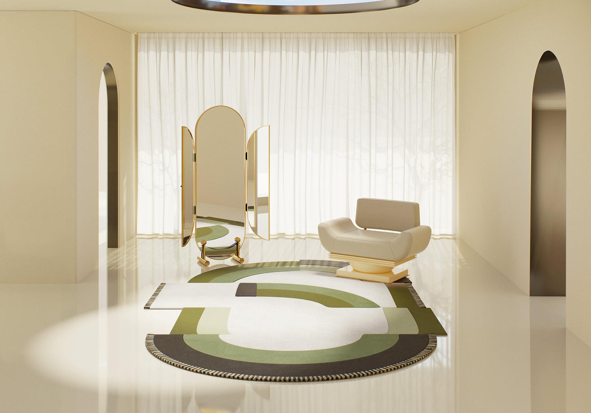 Moderne Tapis ovale contemporain à motif géométrique dans des teintes vertes et beiges en laine En vente