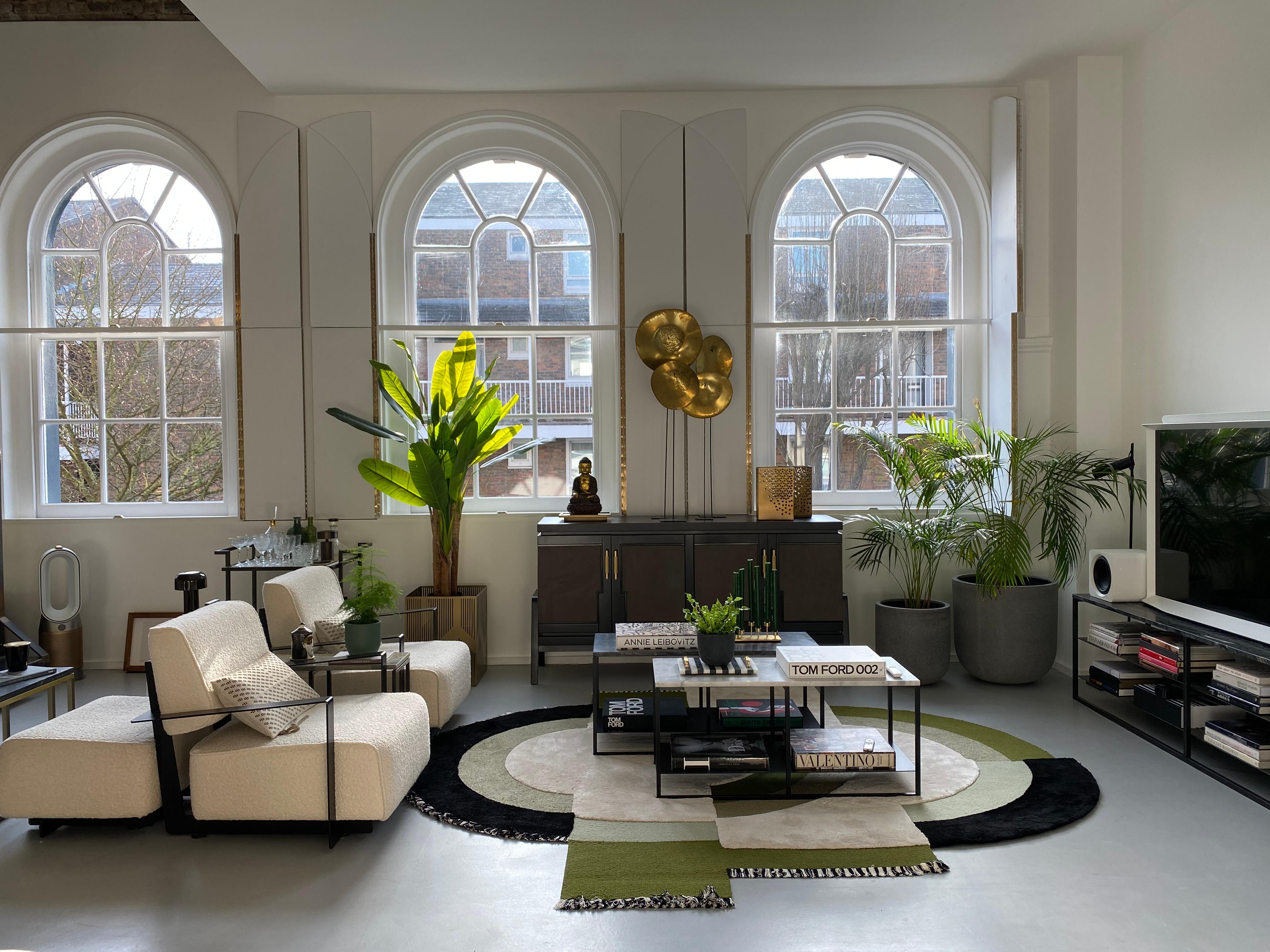 Alfombra Oval Contemporánea con Motivo Geométrico en Tonos Verdes y Beige en Lana Moderno en venta