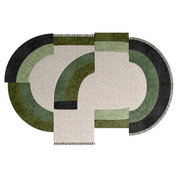 Contemporary Oval Rug with Geometric Pattern in Green Hues and Beige in ...