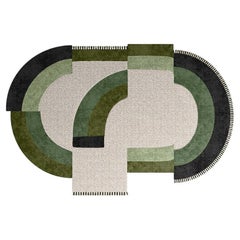 Contemporary Oval Rug with Geometric Pattern in Green Hues and Beige in Wool