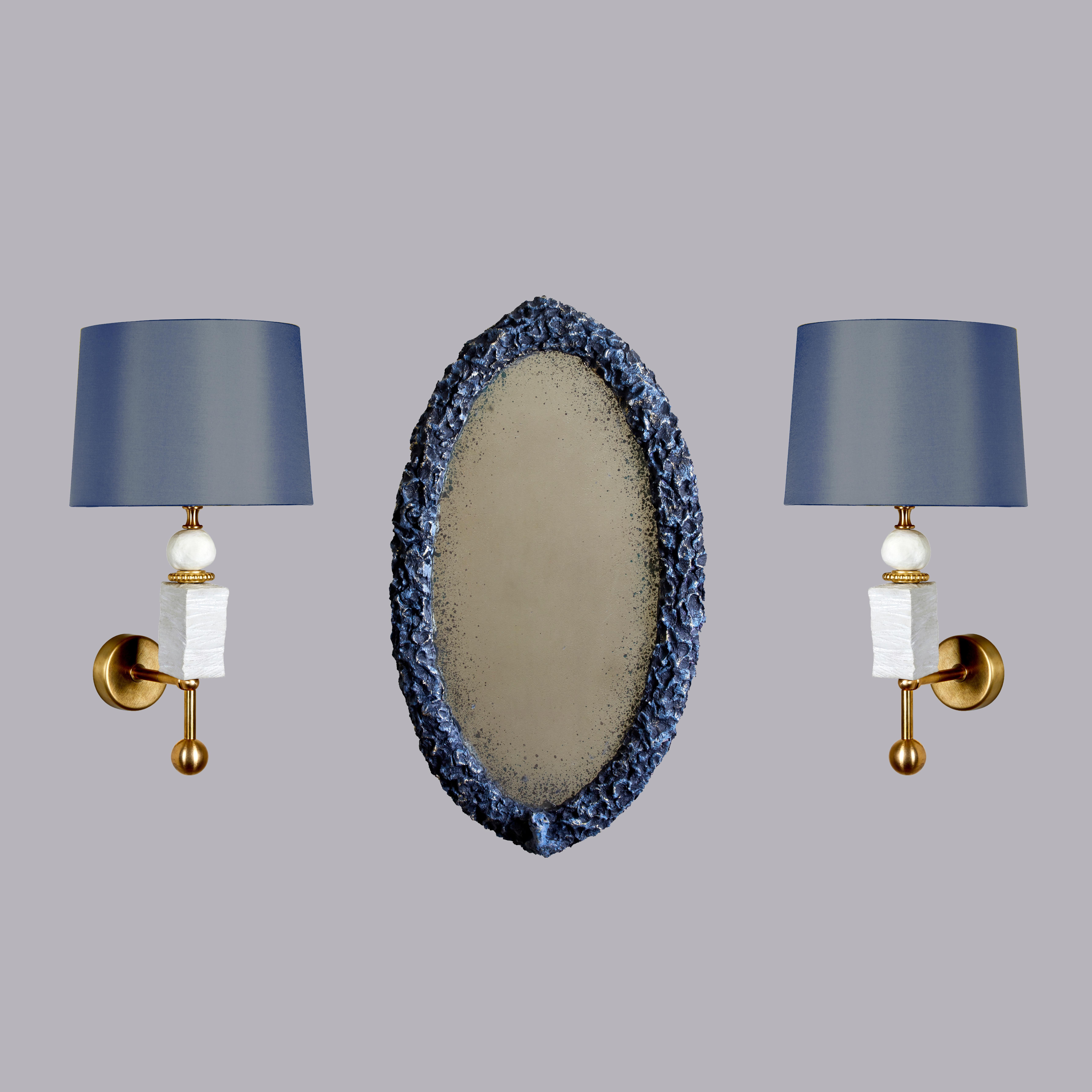 Modern Contemporary Oval Sculpted Mirror in Slate Grey by Margit Wittig