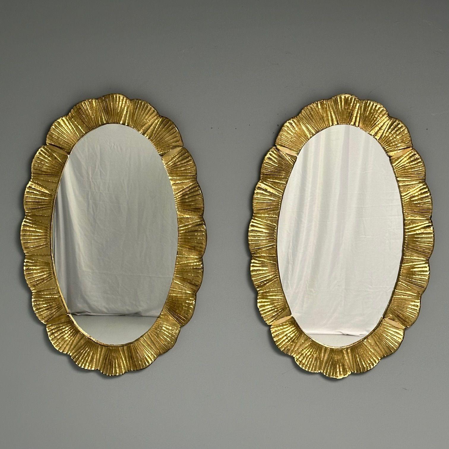 Italian Contemporary, Oval Wall Mirrors, Scallop Motif, Murano Glass, Gilt Gold, Italy For Sale