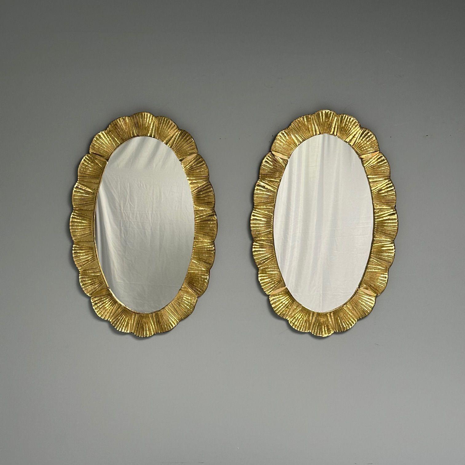 Brass Contemporary, Oval Wall Mirrors, Scallop Motif, Murano Glass, Gilt Gold, Italy For Sale
