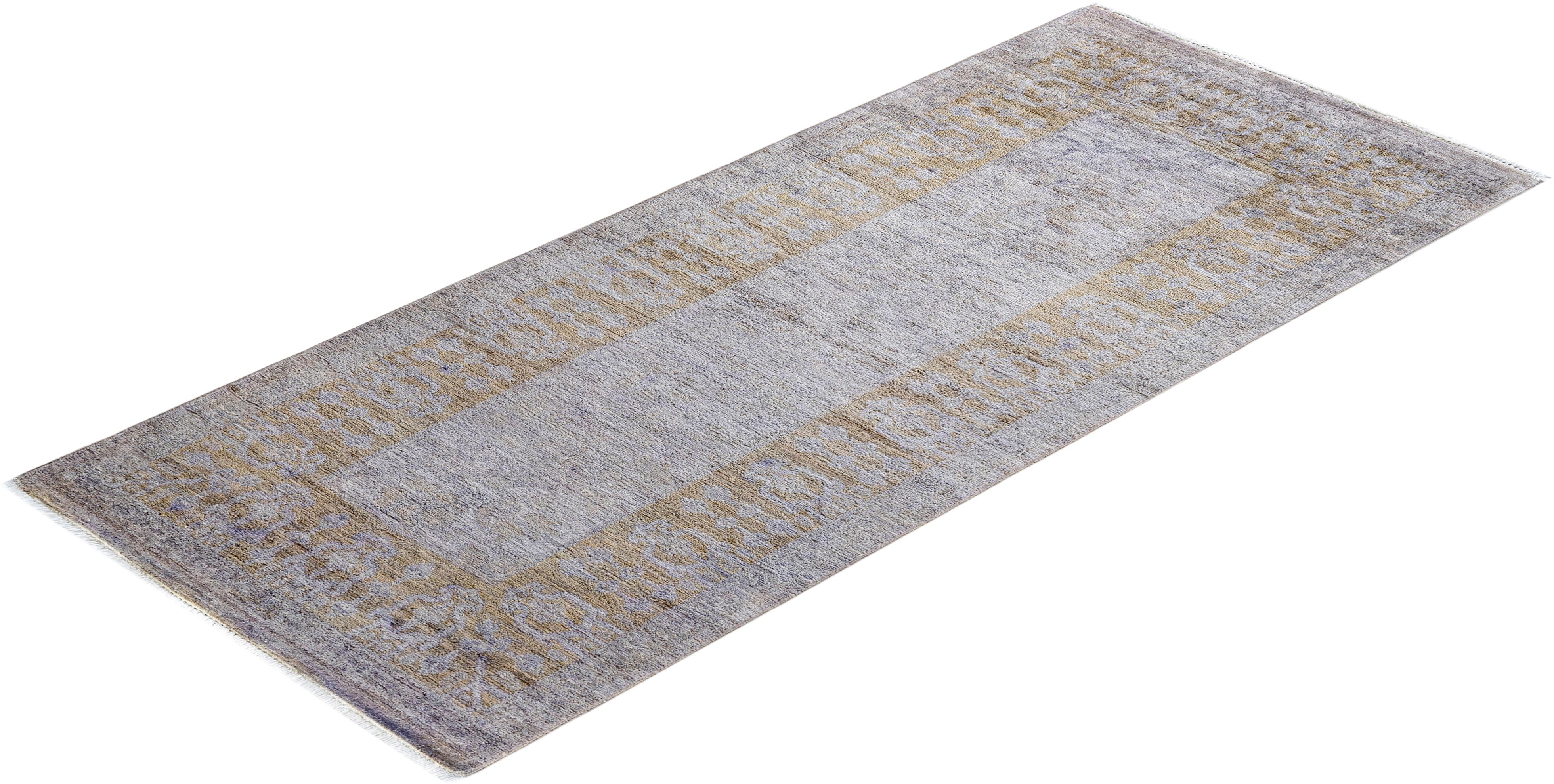 Contemporary Runner beige in lana sovratinto e annodato a mano 2' 6