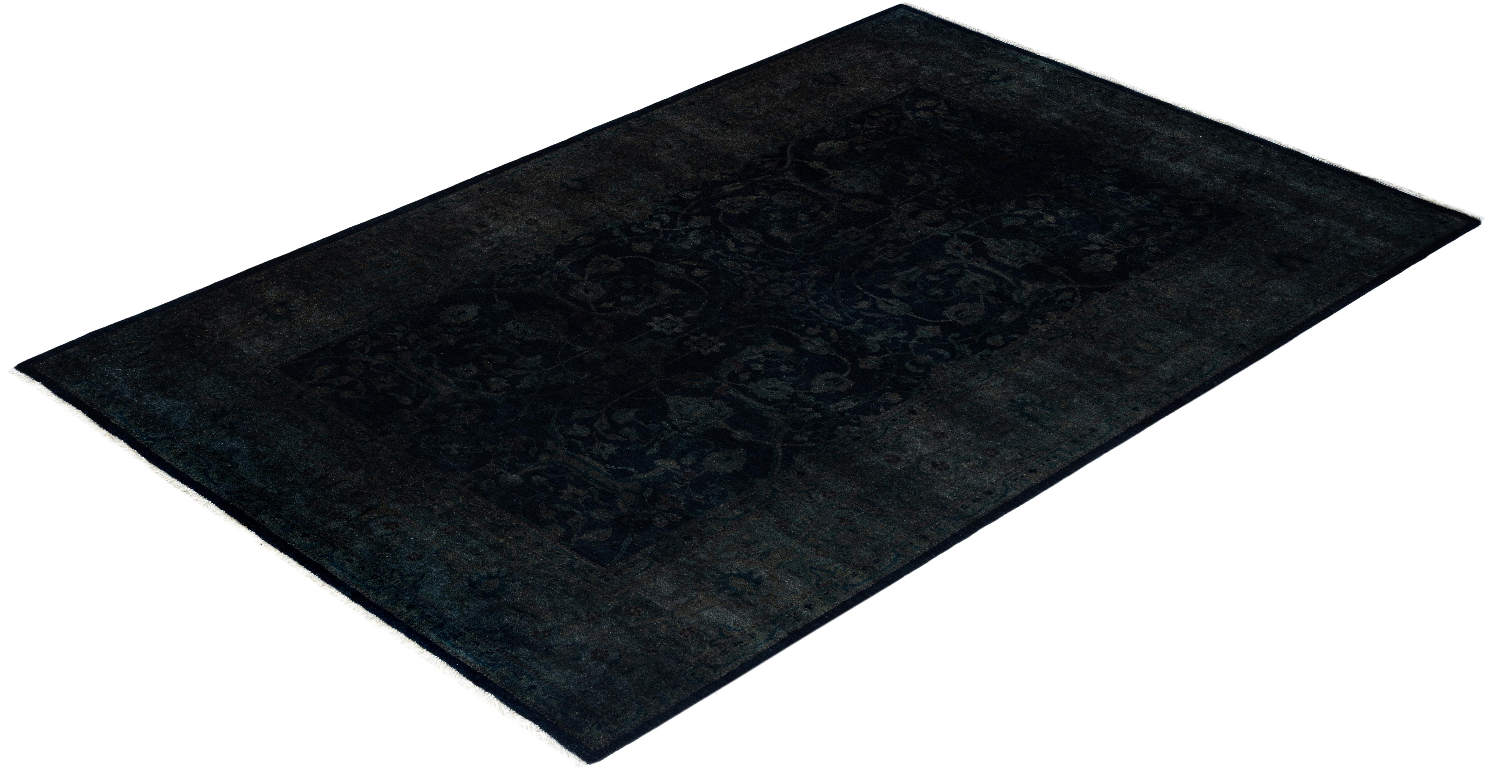 Contemporary Overdyed Hand Knotted Wool Black Area Rug 4' 2