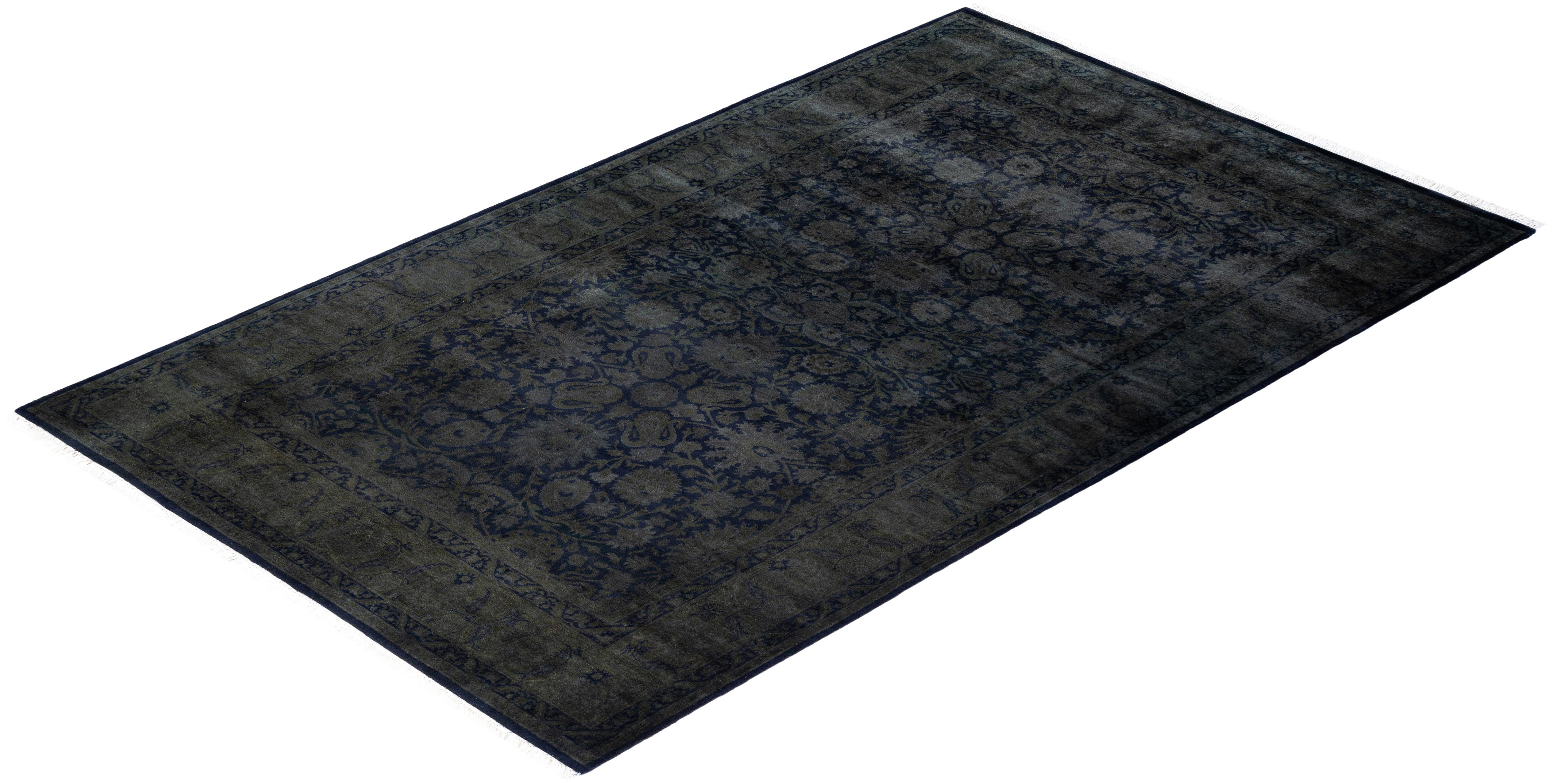 Contemporary Overdyed Hand Knotted Wool Black Area Rug 4' 8