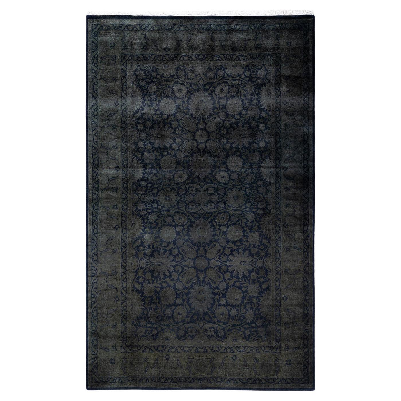 Contemporary Overdyed Hand Knotted Wool Black Area Rug 4' 8" x 7' 6" For Sale