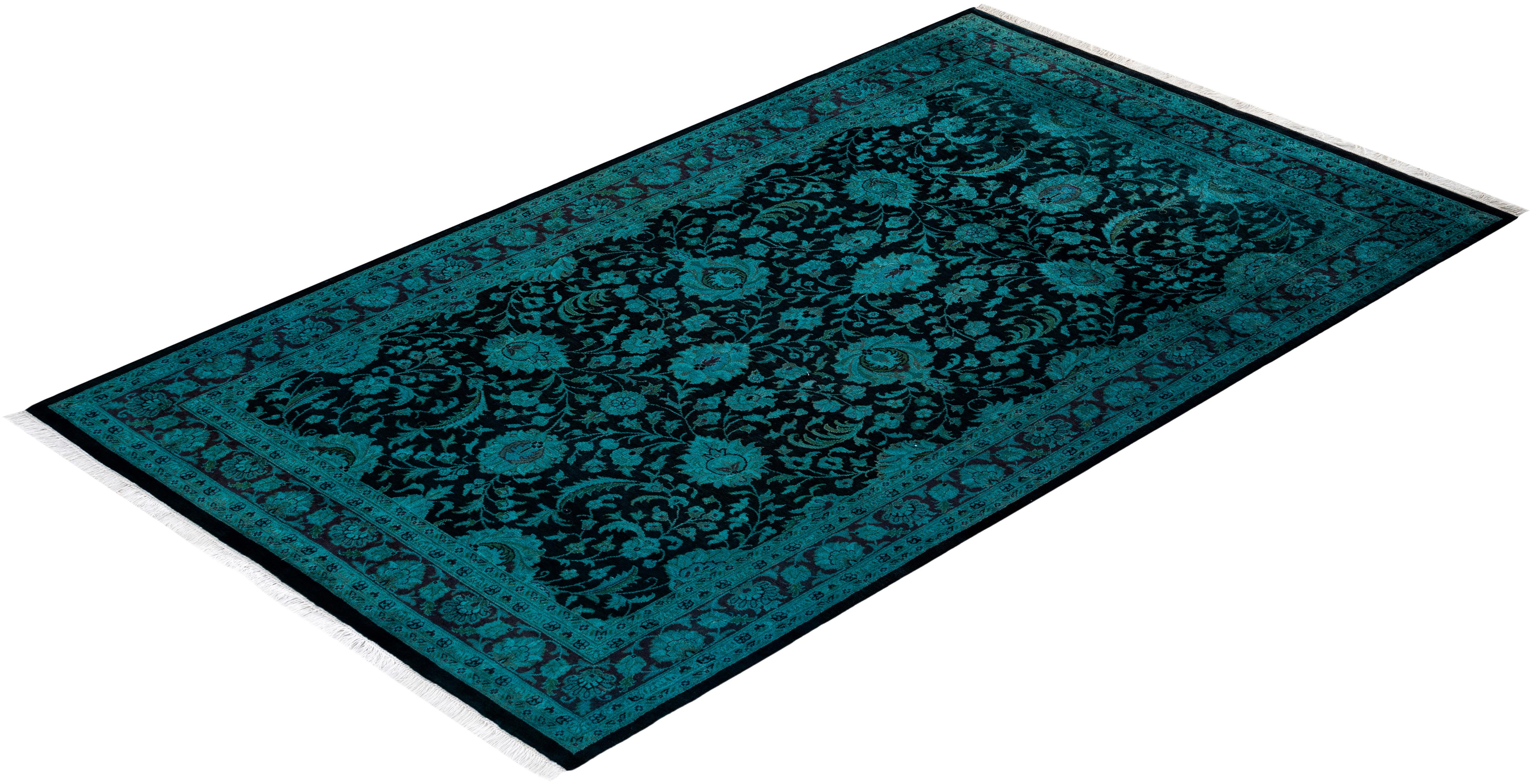 Contemporary Overdyed Hand Knotted Wool Black Area Rug For Sale 4